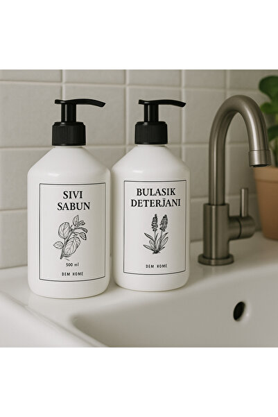 Dem Home Siyah Kapaklı Beyaz Plastik 2 Li Bulaşık Deterjanı & Sıvı Sabun Şişe...