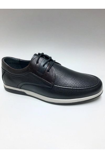 Adnan Bozkaya Genuine Leather Daily Black Lace-Up Summer Men's Shoes