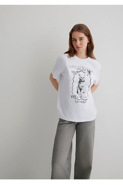 Mavi Cat Printed Loose Fit Women's T-Shirt