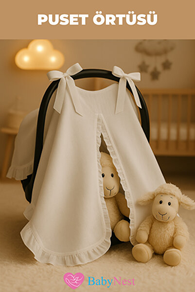 Babynest Puset Örtüsü/bebek Arabası Örtüsü %100 Pamuk Beyaz Müslin Komple Fır...