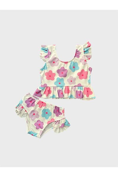 ALİŞ KİDS Girl's White Lilac Floral Patterned Half Length Bikini Set with Ruffled Sleeves