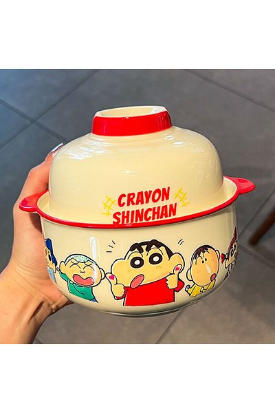 Choice red Kawaii Ceramic Bowl Cartoon Crayon Shin Chan Noodle Bowl With Multifunctional Lid Microwaveable
