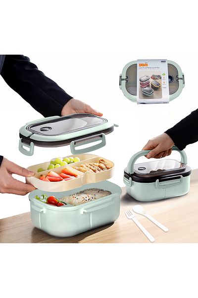 YAH Creation YAH Bento Lunch Box - Leak-Proof, BPA-Free, 2 Layers, Microwave & Dishwasher Safe, Includes Cutlery