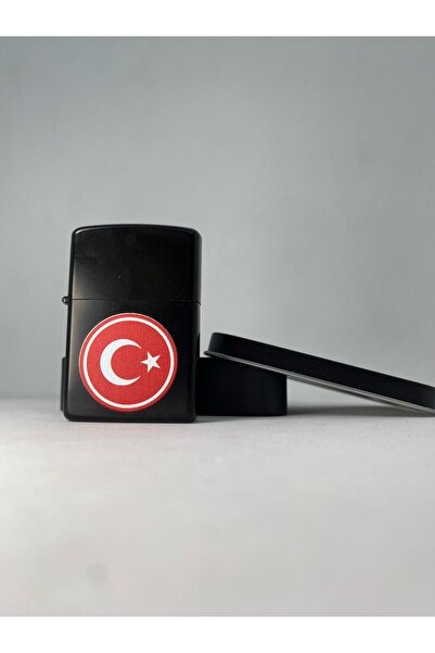 Turkuaz Türk Bayrağı Tasarımlı Kutulu Benzinli Metal Çakmak