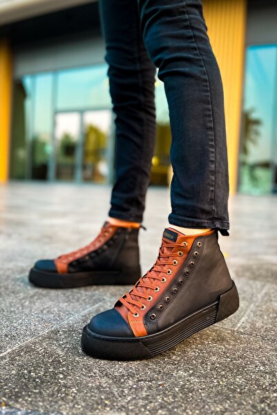 pabucmarketi Zippered Lace Detailed Men's Sneaker Boots Black Tan