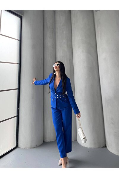 Bella Breeze Kadın Zımba Kemer Detaylı Çıtçıtlı Cekete Palazzo Pantolon Şık Takım Elbise