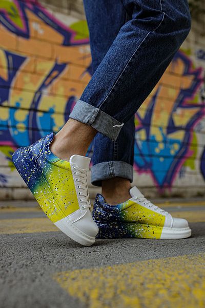 pabucmarketi Lace-Up Printed Men's Sports Shoes Yellow Navy Blue