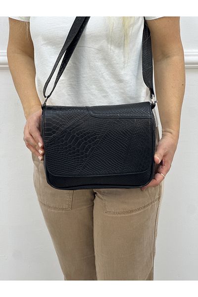 Deribag Piele autentică, mărime medie, curea încrucișată, geantă de umăr pentru femei, cu model negru 25*21*8 cm