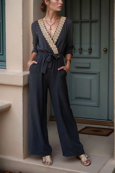 bacc Women's Black Straw Detailed Self-Belt Pocket Airobin Jumpsuit Bcbsk-25700-2946