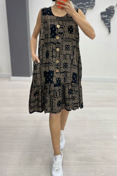 AYASOFYA OTANTIK Women's Black Brown Button Detailed Pocket Sleeveless Midi Dress