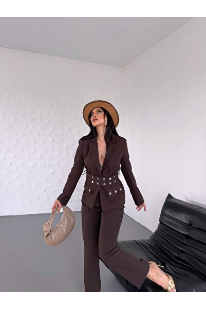 Bella Breeze Kadın Zımba Kemer Detaylı Çıtçıtlı Cekete Palazzo Pantolon Şık Takım Elbise