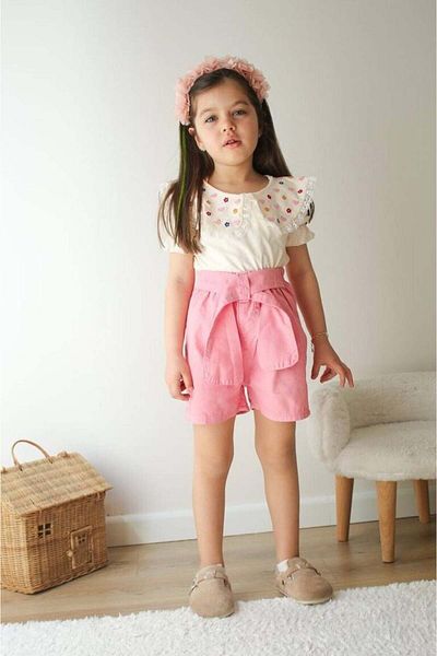 Canlook Baby Collar Embroidery Denim Shorts Girl's Bottom Top Set