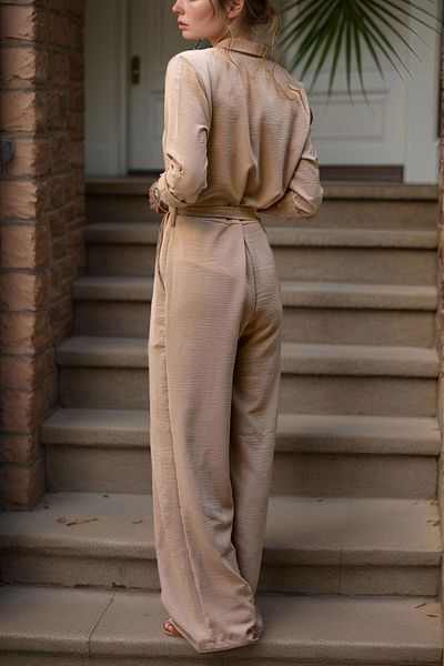 bacc Women's Beige Straw Detailed Self-Belt Pocket Airobin Jumpsuit Bcbsk-25700-2946