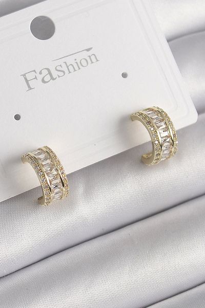 Clariss Brass Gold Color Zircon Stone Hoop Model Women's Earrings