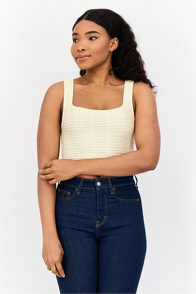 Don't Call Me Jennyfer Women Square Neck Sleeveless Textured Tank Top, Beige