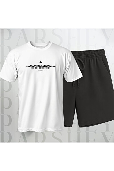 PARSHEY Erkek - Kadın T-Shirt Şort Takım 2'li Unisex Binary Dilinde Yazılı Ba...