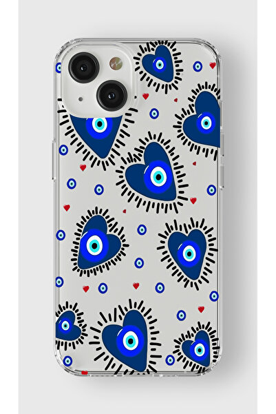 moonset Iphone 15 Uyumlu Nazar Kalpler Tasarımlı Baskılı Şeffaf Telefon Kılıfı