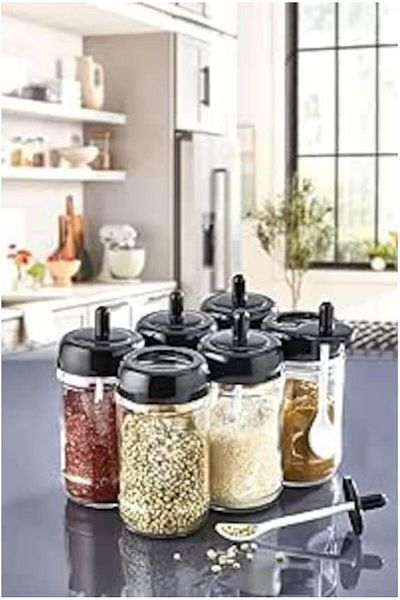 STOREMAX طقم 6 علب بهارات بغطاء مع ملعقة 300 مل طقم بهارات زجاجي TrendBazaar 10575