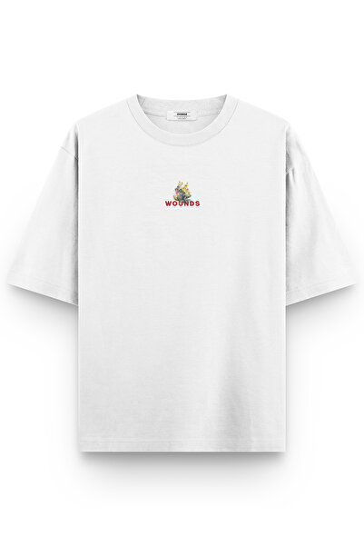 Overoz Біла оверсайз футболка з типографічним принтом на спині, оверсайз з написом, унісекс футболка 1349