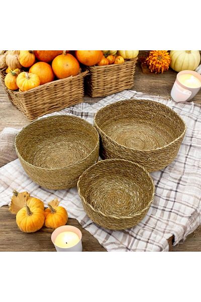 LUXE Set of 3 Rustic Handmade Natural Round Wicker Organizers |   3-Piece Wicker Round Organizer