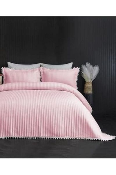 STOREMAX Ezg Home Collection Quilted Pompom 3 Piece Bedspread Ç.K Powder Ezsnshop 1065757