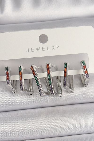 Clariss Brass Silver Color Colorful Zircon Stone Square Model Women's Earring Set