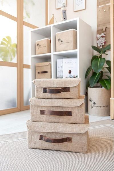 LUXE Bee Jute Covered Cabinet Organizer Jewelry, Makeup, Bathroom, Office Organizer Storage Box 26X2
