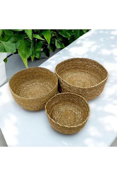 LUXE Set of 3 Rustic Handmade Natural Round Wicker Organizers |   3-Piece Wicker Round Organizer