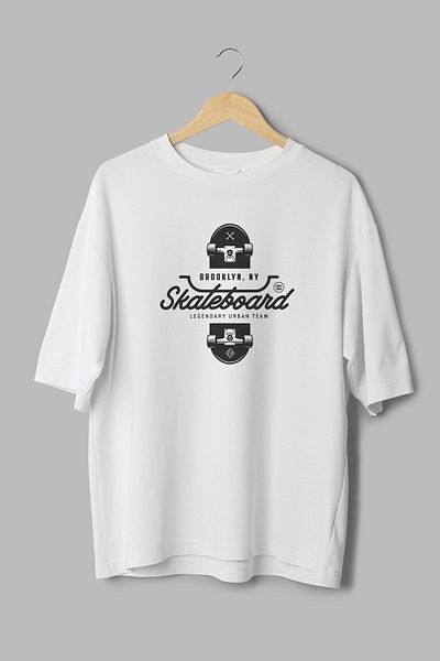 Overoz Λευκό μπλουζάκι Unisex Oversize - 100% βαμβάκι, στάμπα Skateboard Skateboard, Crew Neck T1072