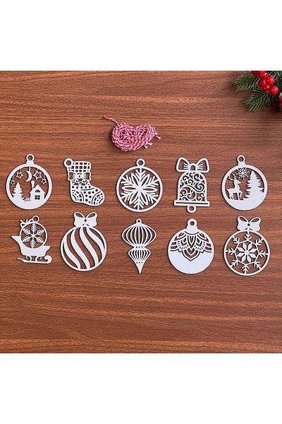 Mu Art Ahşap Mrt 10 Pieces Red White Drawstring Mixed Model Wooden Christmas Tree Ornament Art 871301