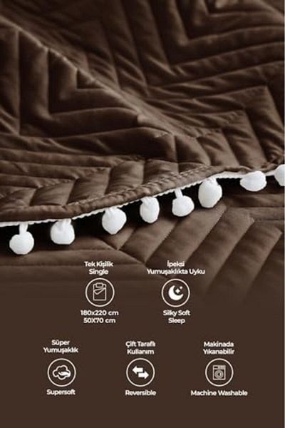 LUXE Single Bedspread with Pompom Dark Brown Lxshp 1055529