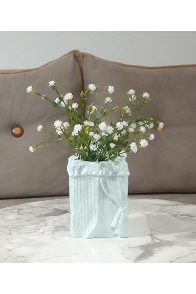 Sia زهرة فازودا، زهرة صناعية بيضاء، مزهرية ديكورية من البولي ريزين 7×7×17 سم