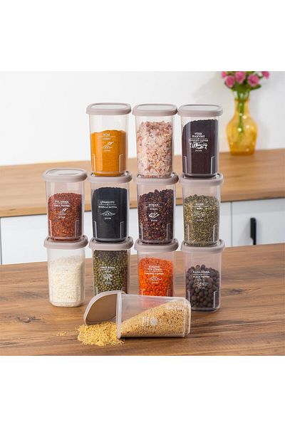 Mu Art Ahşap Mrt 1113 Set of 12 Leakproof Flat Lid Labeled Spice Jars - Food Storage Container-Cap