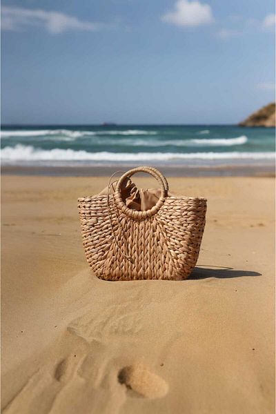 Moom Bag Γυναικεία Μπεζ Τσάντα Μεγάλου Μεγέθους Λεπτομερής Ψάθινη Τσάντα