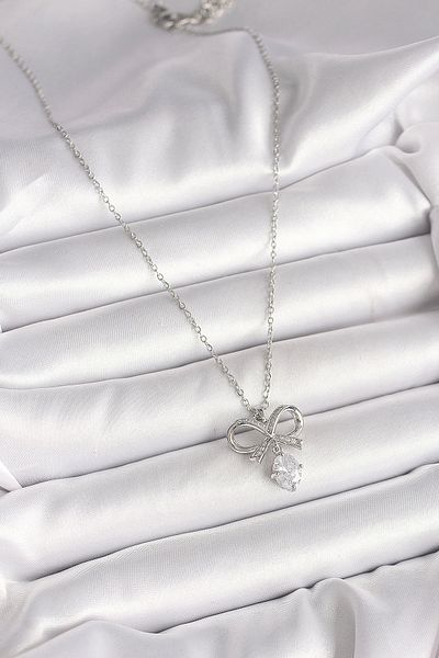 Clariss 316L Steel Silver Color Chain Zircon Stone Ribbon Model Women's Necklace