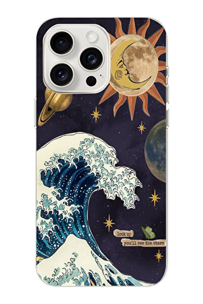 moonset Iphone 15 Pro Uyumlu Dalga ve Güneş Tasarımlı Baskılı Şeffaf Telefon ...