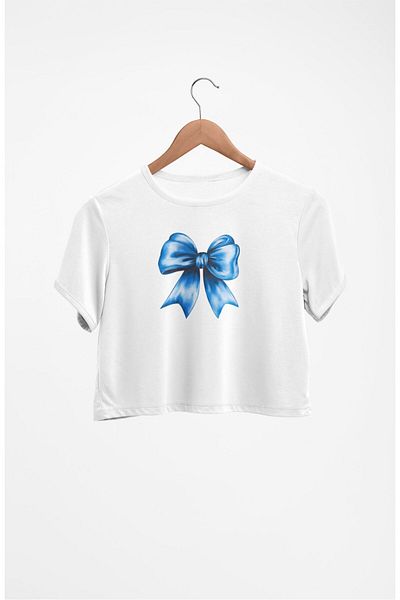 Fuddy Moda Crop Top cu imprimeu cu panglică albastră, bluză crop cu imprimeu cu panglică albastră pentru femei