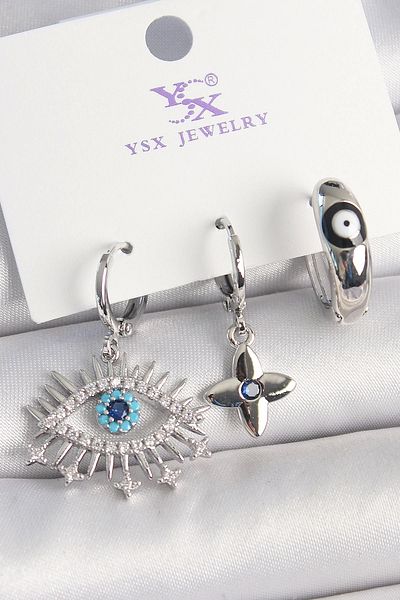 Clariss Brass Silver Color Zircon Stone Eye Model Evil Eye Bead Detail 3-Piece Women's Combination Earrings