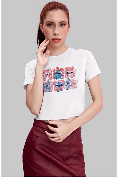 Fuddy Moda Stich and Angel Heart Printed Crop Top, Women's Cartoon Themed Crop Blouse