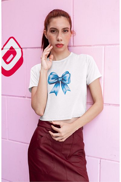 Fuddy Moda Crop Top cu imprimeu cu panglică albastră, bluză crop cu imprimeu cu panglică albastră pentru femei
