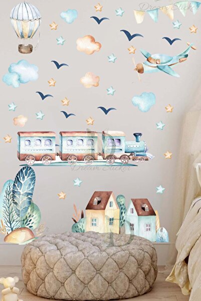 KT Decor Set de autocolante de perete pentru camera copiilor Sky Dream Train Journey