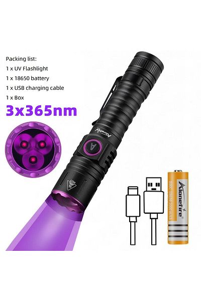 Choice 18650 black 3x365nm 15W High power UV 395/365nm USB Rechargeable Flashlight Cat Dog Urine Tinea Ore