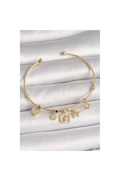 Skygo Brass Gold Color Hanging Zircon Stone Teddy Bear Figure Crown Detail Charm Women's Bracelet - Tj-Bb6928