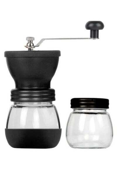 HALAMODO مطحنة حبوب قهوة يدوية مع برطمانات زجاجية - أسود/شفاف