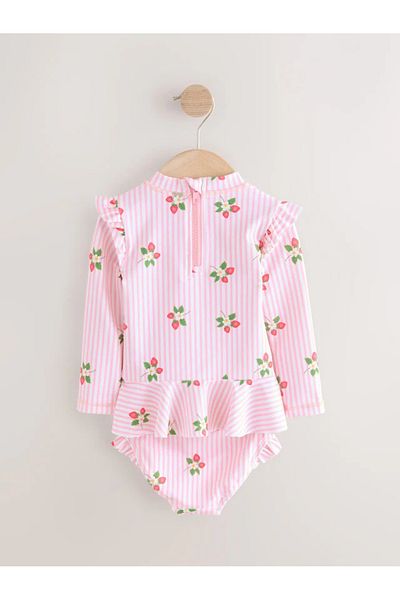 Next Baby Sun Proof Upf50 One Piece Pink Strawberry Print Long Sleeve Swimsuit Alyab7039