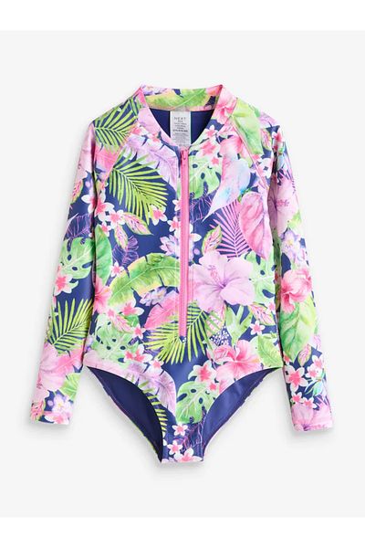 Next Baby Sun-Proof Upf50 One-Piece Navy Blue Tropical Print Long Sleeve Swimsuit Alye76818