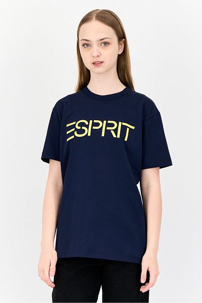 Esprit Women Crew Neck Short Sleeve Brand Logo T-shirt, Navy