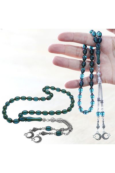 Tesbihane Tarnish-Free Metal Star and Crescent Tasseled Barley Cut Turquoise Fire Amber Rosary
