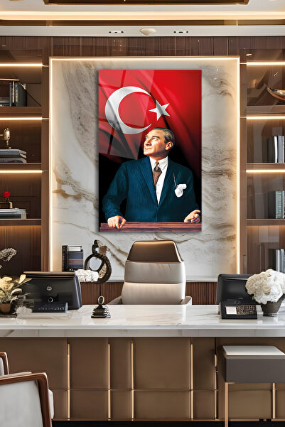 home dekors Atatürk Portresi ve Türk Bayrağı Dikey Cam Tablo, Ev, İş, Kurum, Ofis, Makam Odası Hediyelik Tablo