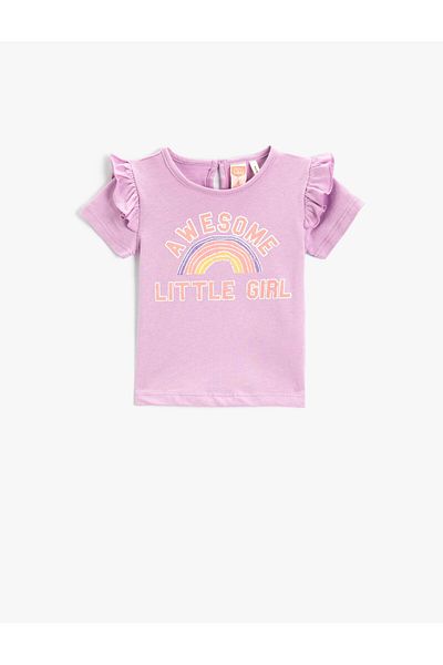 Koton Slogan Printed Ruffle T-Shirt Short Sleeve Crew Neck Cotton